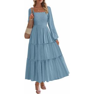 image:imagePRETTYGARDEN Spring Dresses for Women 2026 Casual Long Sleeve Smocked Ruffle Flowy Elegant Wedding Guest Maxi Dress PocketsDusty Blue