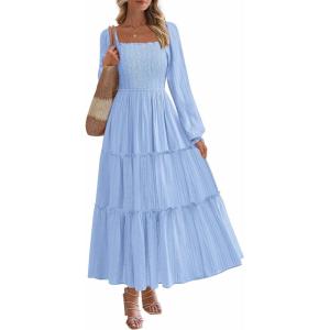 image:imagePRETTYGARDEN Spring Dresses for Women 2026 Casual Long Sleeve Smocked Ruffle Flowy Elegant Wedding Guest Maxi Dress PocketsLight Blue