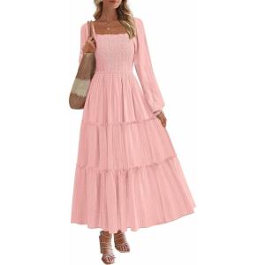 image:imagePRETTYGARDEN Spring Dresses for Women 2026 Casual Long Sleeve Smocked Ruffle Flowy Elegant Wedding Guest Maxi Dress PocketsPink