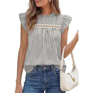 image:imagePRETTYGARDEN Striped Shirt Womens Summer Tops 2026 Spring Business Casual Work Dressy Crochet Lace Ruffle Cap Sleeve BlouseBlack Striped