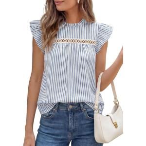image:imagePRETTYGARDEN Striped Shirt Womens Summer Tops 2026 Spring Business Casual Work Dressy Crochet Lace Ruffle Cap Sleeve BlouseBlue Striped