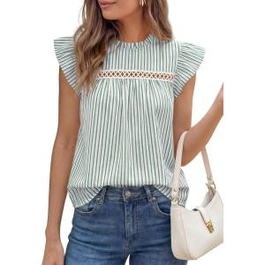 image:imagePRETTYGARDEN Striped Shirt Womens Summer Tops 2026 Spring Business Casual Work Dressy Crochet Lace Ruffle Cap Sleeve BlouseGreen Striped