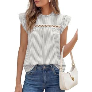 image:imagePRETTYGARDEN Striped Shirt Womens Summer Tops 2026 Spring Business Casual Work Dressy Crochet Lace Ruffle Cap Sleeve BlouseGrey Striped