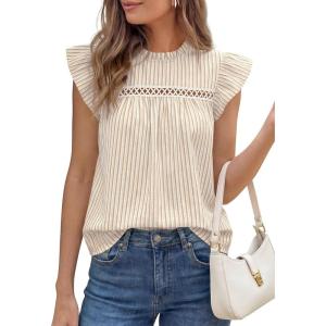 image:imagePRETTYGARDEN Striped Shirt Womens Summer Tops 2026 Spring Business Casual Work Dressy Crochet Lace Ruffle Cap Sleeve BlouseKhaki Striped