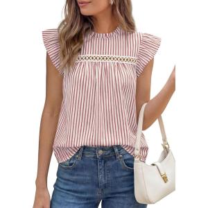 image:imagePRETTYGARDEN Striped Shirt Womens Summer Tops 2026 Spring Business Casual Work Dressy Crochet Lace Ruffle Cap Sleeve BlouseRed Striped