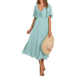 image:imagePRETTYGARDEN Summer Dress for Women 2026 Casual Short Sleeve Bow Tie V Neck Ruffle Midi Flowy DressesAqua Green