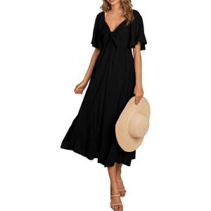 image:imagePRETTYGARDEN Summer Dress for Women 2026 Casual Short Sleeve Bow Tie V Neck Ruffle Midi Flowy DressesBlack
