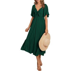 image:imagePRETTYGARDEN Summer Dress for Women 2026 Casual Short Sleeve Bow Tie V Neck Ruffle Midi Flowy DressesDark Green