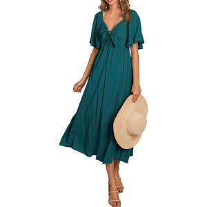 image:imagePRETTYGARDEN Summer Dress for Women 2026 Casual Short Sleeve Bow Tie V Neck Ruffle Midi Flowy DressesMalachite Green