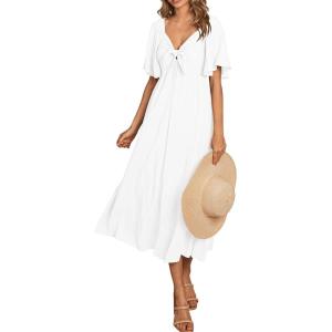 image:imagePRETTYGARDEN Summer Dress for Women 2026 Casual Short Sleeve Bow Tie V Neck Ruffle Midi Flowy DressesWhite