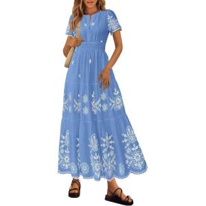 image:imagePRETTYGARDEN Summer Dresses for Women 2026 Floral Boho Maxi Spring Casual Short Sleeve V Neck Elastic Waist Dress PocketsLight Blue White Flower