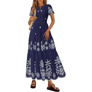 image:imagePRETTYGARDEN Summer Dresses for Women 2026 Floral Boho Maxi Spring Casual Short Sleeve V Neck Elastic Waist Dress PocketsNavy Blue White Flower