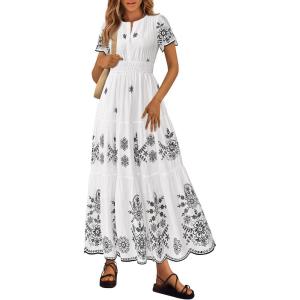 image:imagePRETTYGARDEN Summer Dresses for Women 2026 Floral Boho Maxi Spring Casual Short Sleeve V Neck Elastic Waist Dress PocketsWhite Black Flower