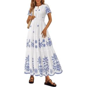 image:imagePRETTYGARDEN Summer Dresses for Women 2026 Floral Boho Maxi Spring Casual Short Sleeve V Neck Elastic Waist Dress PocketsWhite Blue Flower