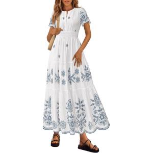 image:imagePRETTYGARDEN Summer Dresses for Women 2026 Floral Boho Maxi Spring Casual Short Sleeve V Neck Elastic Waist Dress PocketsWhite Blue Grey Flower