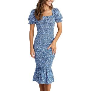 image:imagePRETTYGARDEN Summer Floral Bodycon Midi Dresses 2026 Puff Sleeve Mermaid Cocktail Baby Shower Photoshoot Maternity DressBlue