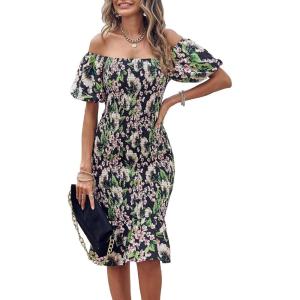 image:imagePRETTYGARDEN Summer Floral Bodycon Midi Dresses 2026 Puff Sleeve Mermaid Cocktail Baby Shower Photoshoot Maternity DressFloral Black Green Red