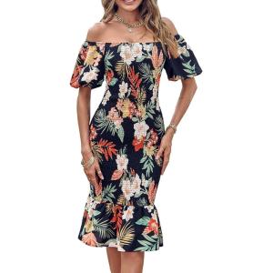 image:imagePRETTYGARDEN Summer Floral Bodycon Midi Dresses 2026 Puff Sleeve Mermaid Cocktail Baby Shower Photoshoot Maternity DressFloral Black Red