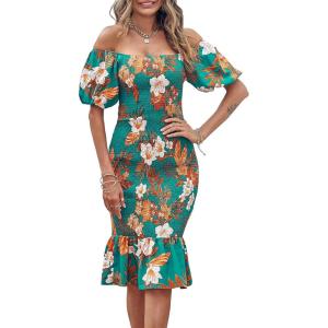 image:imagePRETTYGARDEN Summer Floral Bodycon Midi Dresses 2026 Puff Sleeve Mermaid Cocktail Baby Shower Photoshoot Maternity DressFloral Green Orange