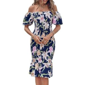 image:imagePRETTYGARDEN Summer Floral Bodycon Midi Dresses 2026 Puff Sleeve Mermaid Cocktail Baby Shower Photoshoot Maternity DressFloral Navy White