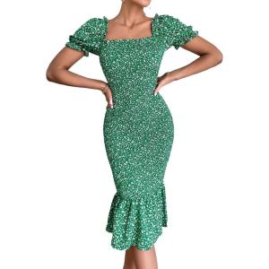 image:imagePRETTYGARDEN Summer Floral Bodycon Midi Dresses 2026 Puff Sleeve Mermaid Cocktail Baby Shower Photoshoot Maternity DressGreen