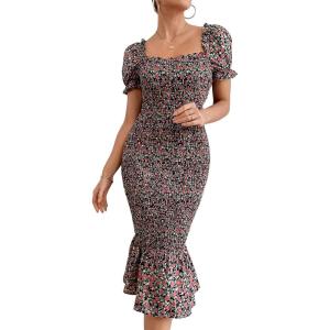 image:imagePRETTYGARDEN Summer Floral Bodycon Midi Dresses 2026 Puff Sleeve Mermaid Cocktail Baby Shower Photoshoot Maternity DressOrange