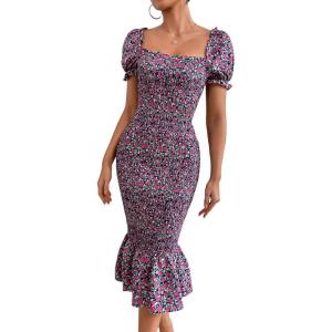 image:imagePRETTYGARDEN Summer Floral Bodycon Midi Dresses 2026 Puff Sleeve Mermaid Cocktail Baby Shower Photoshoot Maternity DressPurple