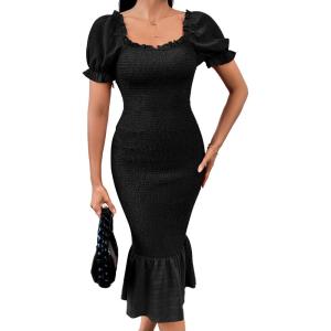 image:imagePRETTYGARDEN Summer Floral Bodycon Midi Dresses 2026 Puff Sleeve Mermaid Cocktail Baby Shower Photoshoot Maternity DressSolid Black