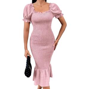 image:imagePRETTYGARDEN Summer Floral Bodycon Midi Dresses 2026 Puff Sleeve Mermaid Cocktail Baby Shower Photoshoot Maternity DressSolid Pink