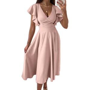 image:imagePRETTYGARDEN Summer Midi Dress 2026 Spring Ruffle Sleeve V Neck Cocktail Wedding Guest A Line Fit and Flared DressesApricot