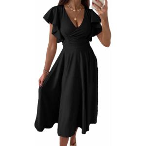 image:imagePRETTYGARDEN Summer Midi Dress 2026 Spring Ruffle Sleeve V Neck Cocktail Wedding Guest A Line Fit and Flared DressesBlack