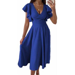 image:imagePRETTYGARDEN Summer Midi Dress 2026 Spring Ruffle Sleeve V Neck Cocktail Wedding Guest A Line Fit and Flared DressesBlue