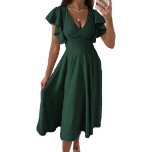image:imagePRETTYGARDEN Summer Midi Dress 2026 Spring Ruffle Sleeve V Neck Cocktail Wedding Guest A Line Fit and Flared DressesDark Green