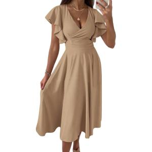image:imagePRETTYGARDEN Summer Midi Dress 2026 Spring Ruffle Sleeve V Neck Cocktail Wedding Guest A Line Fit and Flared DressesKhaki