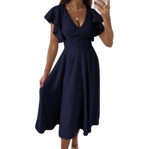 image:imagePRETTYGARDEN Summer Midi Dress 2026 Spring Ruffle Sleeve V Neck Cocktail Wedding Guest A Line Fit and Flared DressesNavy