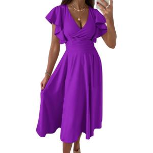 image:imagePRETTYGARDEN Summer Midi Dress 2026 Spring Ruffle Sleeve V Neck Cocktail Wedding Guest A Line Fit and Flared DressesPurple
