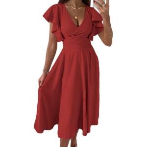 image:imagePRETTYGARDEN Summer Midi Dress 2026 Spring Ruffle Sleeve V Neck Cocktail Wedding Guest A Line Fit and Flared DressesRed