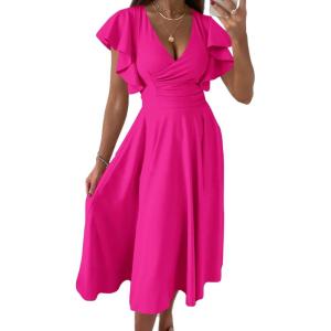image:imagePRETTYGARDEN Summer Midi Dress 2026 Spring Ruffle Sleeve V Neck Cocktail Wedding Guest A Line Fit and Flared DressesRose Red