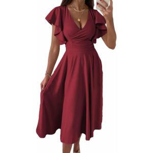 image:imagePRETTYGARDEN Summer Midi Dress 2026 Spring Ruffle Sleeve V Neck Cocktail Wedding Guest A Line Fit and Flared DressesWine Red