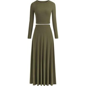 image:imagePRETTYGARDEN Women Fall Spring 2 Piece Outfits Dressy Casual Ribbed Knit Long Sleeve Crop Top Maxi Flowy Skirts Matching SetsArmy Green