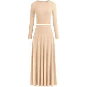 image:imagePRETTYGARDEN Women Fall Spring 2 Piece Outfits Dressy Casual Ribbed Knit Long Sleeve Crop Top Maxi Flowy Skirts Matching SetsBeige
