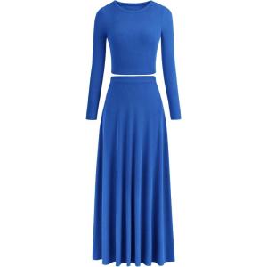 image:imagePRETTYGARDEN Women Fall Spring 2 Piece Outfits Dressy Casual Ribbed Knit Long Sleeve Crop Top Maxi Flowy Skirts Matching SetsBlue