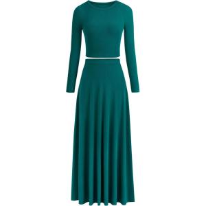 image:imagePRETTYGARDEN Women Fall Spring 2 Piece Outfits Dressy Casual Ribbed Knit Long Sleeve Crop Top Maxi Flowy Skirts Matching SetsBlue Green