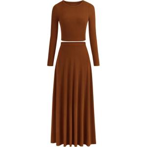 image:imagePRETTYGARDEN Women Fall Spring 2 Piece Outfits Dressy Casual Ribbed Knit Long Sleeve Crop Top Maxi Flowy Skirts Matching SetsBrown