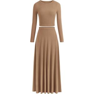 image:imagePRETTYGARDEN Women Fall Spring 2 Piece Outfits Dressy Casual Ribbed Knit Long Sleeve Crop Top Maxi Flowy Skirts Matching SetsCamel