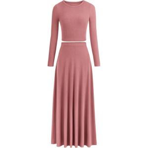 image:imagePRETTYGARDEN Women Fall Spring 2 Piece Outfits Dressy Casual Ribbed Knit Long Sleeve Crop Top Maxi Flowy Skirts Matching SetsDusty Pink