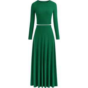 image:imagePRETTYGARDEN Women Fall Spring 2 Piece Outfits Dressy Casual Ribbed Knit Long Sleeve Crop Top Maxi Flowy Skirts Matching SetsGreen