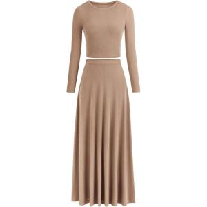 image:imagePRETTYGARDEN Women Fall Spring 2 Piece Outfits Dressy Casual Ribbed Knit Long Sleeve Crop Top Maxi Flowy Skirts Matching SetsKhaki