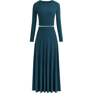 image:imagePRETTYGARDEN Women Fall Spring 2 Piece Outfits Dressy Casual Ribbed Knit Long Sleeve Crop Top Maxi Flowy Skirts Matching SetsLake Blue