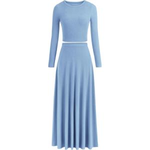image:imagePRETTYGARDEN Women Fall Spring 2 Piece Outfits Dressy Casual Ribbed Knit Long Sleeve Crop Top Maxi Flowy Skirts Matching SetsLight Blue